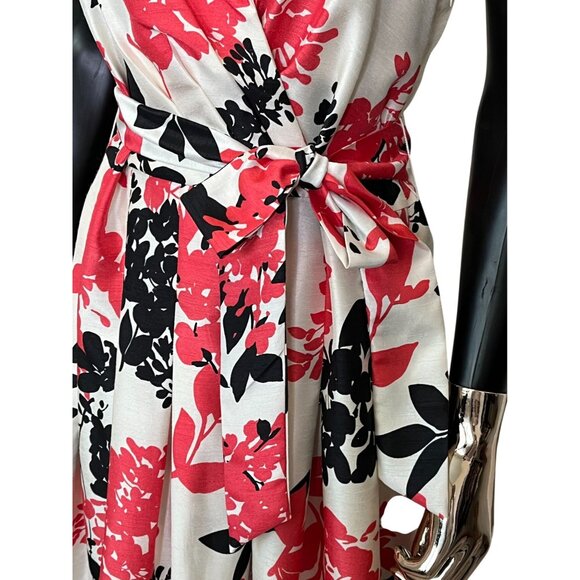 Jessica Howard Pink Black Floral Fit & Flare Dress Size 12 Belted Pleated Midi - Picture 5 of 11